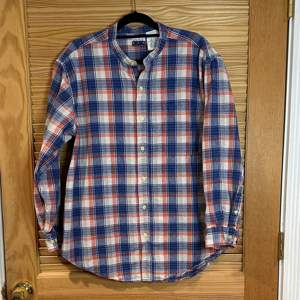 Anchor Bay Casual Plaid Shirt - Navy & Orange with Band Collar (Mandarin Collar)